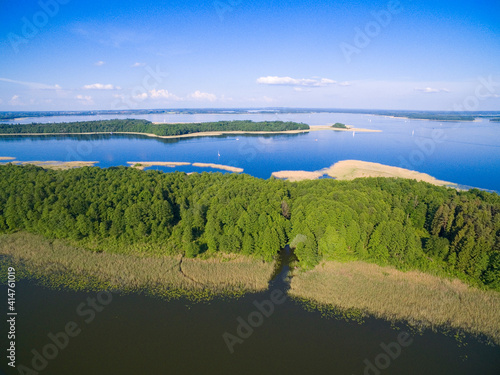 Aerial view of Mamry Lake and Upalty island - the biggest Masurian island, Mazury, Poland