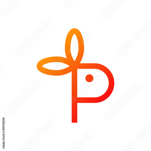Logotipo con letra P con forma de conejo con lineas en color naranja