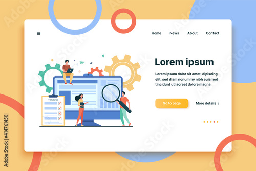 Tiny people testing quality assurance in software isolated flat vector illustration. Cartoon character fixing bugs in hardware device. Application test and IT service concept