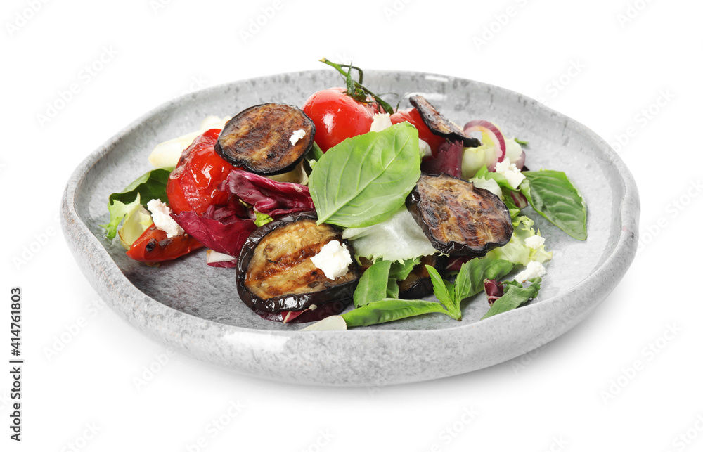 Delicious salad with roasted eggplant, basil and cheese isolated on white