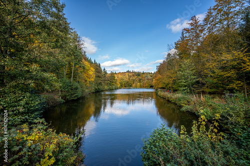 view of a lake in the autumn sunshine, lined with deciduous trees, which produce their leaves in beautiful yellow and red colors © Alexander
