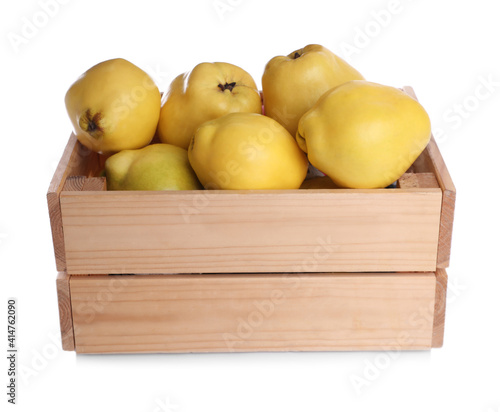 Ripe quinces in wooden crate on white background