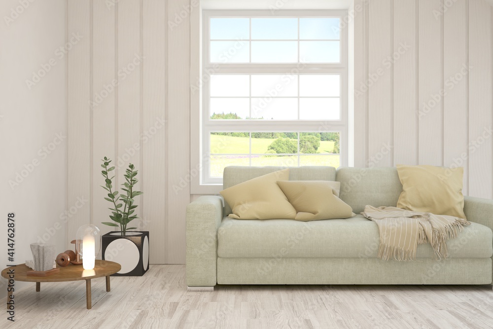 White living room with sofa and summer landscape in window. Scandinavian interior design. 3D illustration White living room with sofa and summer landscape in window. Scandinavian interior design. 3D illustration