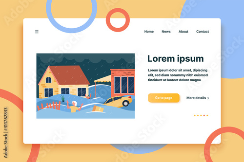 Shocked people waving hands and calling for help waist deep in water between houses, floating cars and boxes. Vector illustration for water flood, tsunami, natural disaster, emergency concept