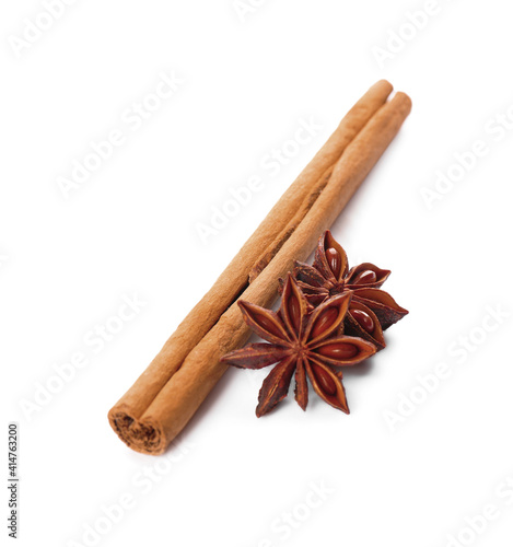 Aromatic cinnamon stick and anise isolated on white