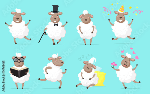 Fluffy sheep set. Funny wooly lamb dancing, running, sleeping, celebrating birthday, studying, falling in love. Cartoon animal collection, vector illustrations isolated on pale blue