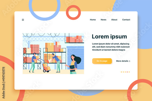 Staff working in logistic storage isolated flat vector illustration. Cartoon stockroom workers and loaders taking boxes from cargo pallet in stockroom. Delivery service and warehouse interior concept