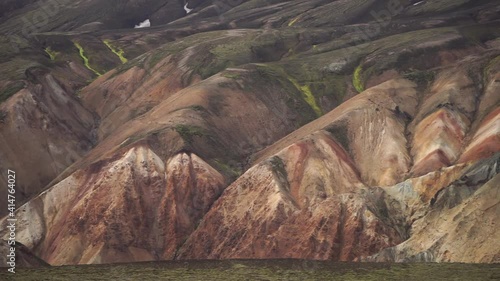 Landmannalaugar Colorful mountains on the Laugavegur hiking trail. Iceland. The combination of layers of multi-colored rocks, minerals, grass and moss