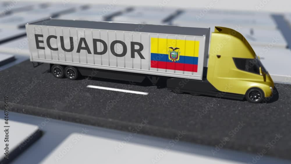 Truck with flag of Ecuador moves on the keyboard key. Export or import related looping 3d animation Truck with flag of Ecuador moves on the keyboard key. Export or import related looping 3d animation