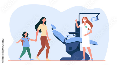 Mother and scared girl going to dentist. Caries, tooth, chair flat vector illustration. Stomatology and dentistry concept for banner, website design or landing web page