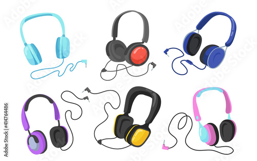 Modern headphones flat illustration set. Cartoon headsets and earphones for listening to music isolated vector illustration collection. Entertainment and accessory concept photo