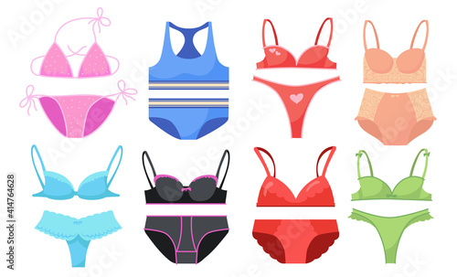 Underwear for women set. Colorful laced bikini, bras and panties isolated on white. Vector illustrations for trendy lingerie, fashion, clothes concept