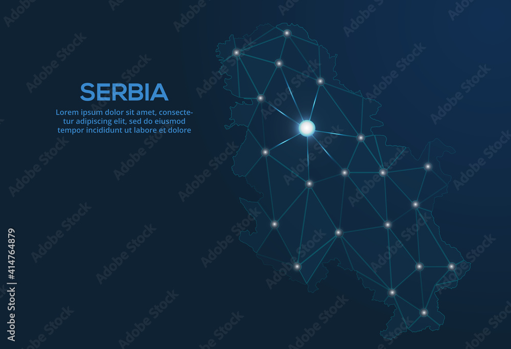 Serbia communication network map. Vector low poly image of a global map with lights in the form of cities. Map in the form of a constellation, mute and stars