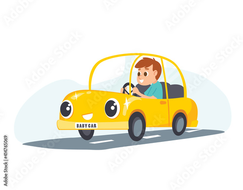 Cleaned shinny yellow car driving down the road with young man on driver seat. Young man rides car along asphalt road. Riding on the automobile machine. Editable vector illustration, cartoon character