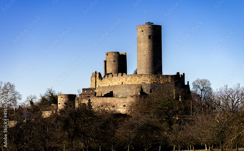 view on the old towers of the castle ruin muenzenberg hesse germany