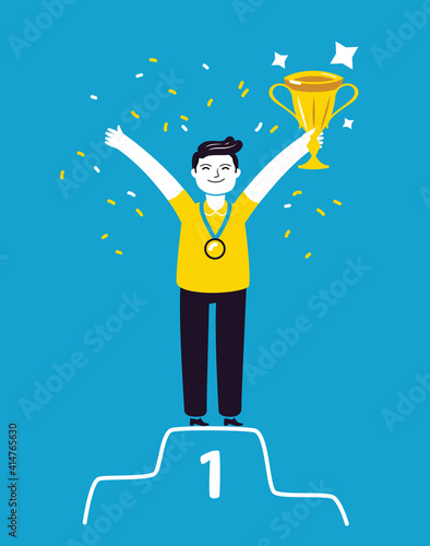 Businessman is standing on winners pedestal with golden cup. Business concept