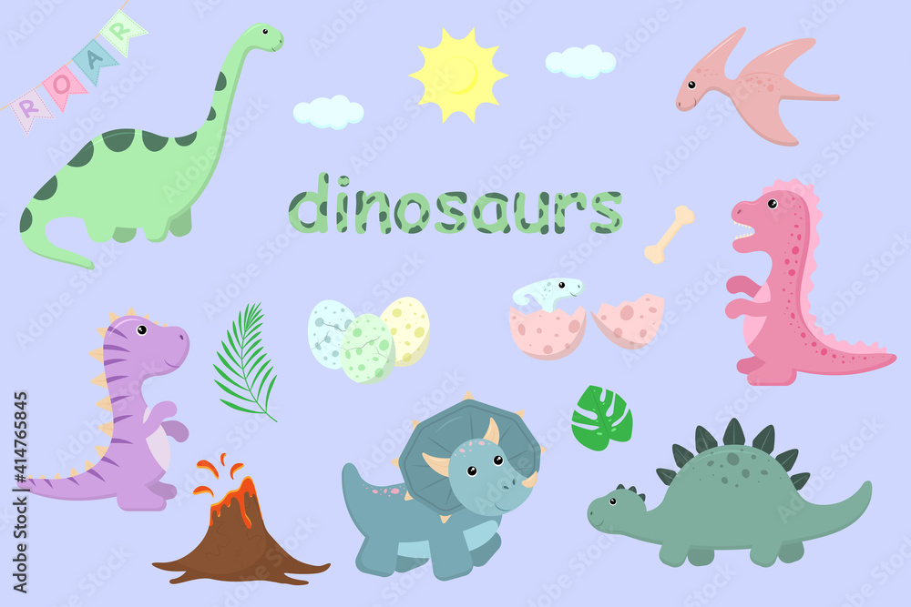 Set of cute dinosaurs. Vector illustration. Set of cute dinosaurs. Vector illustration.