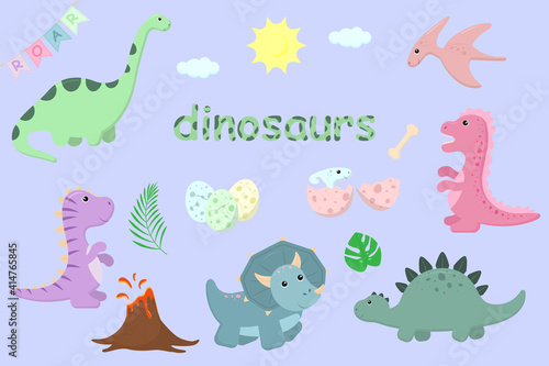 Set of cute dinosaurs. Vector illustration.