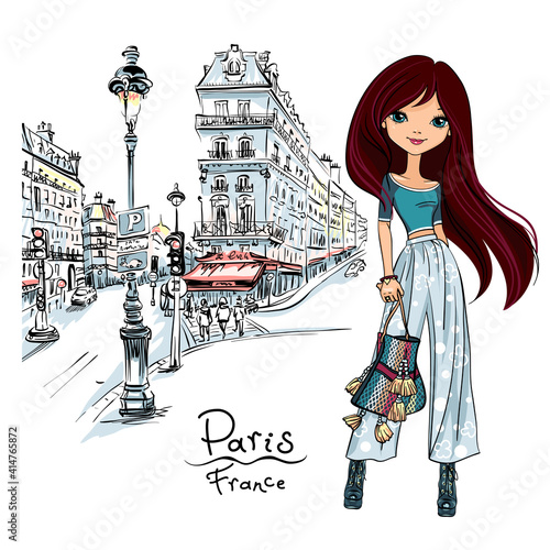 Vector cute brunette girl on a paris street in Paris, France