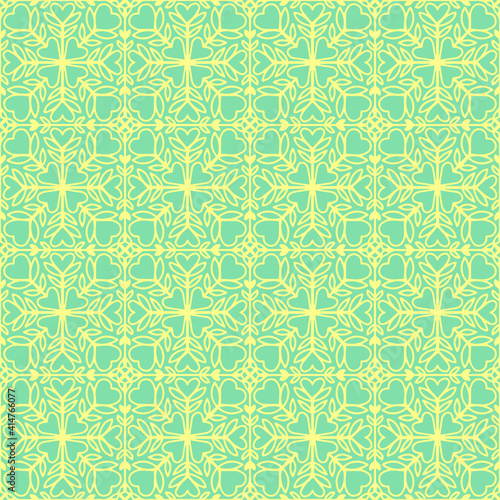 seamless mosaic with hearts and yellow ornaments on a pastel light green background, vector, pattern