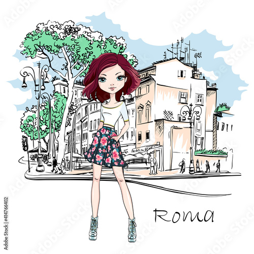 Vector cute brunette girl on a typical Roman street with Stone pine trees in the old city in Rome, Italy.