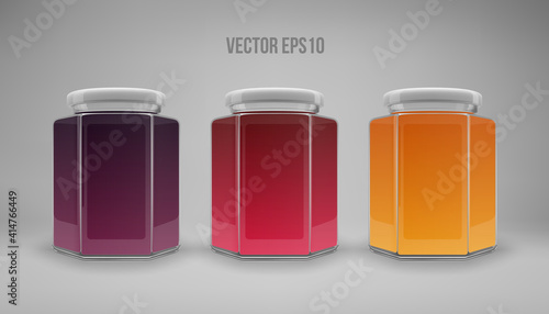 A set of hexagon glass jars with lids. A transparent jar with a white lid and labels. Realistic 3D illustration. Vector