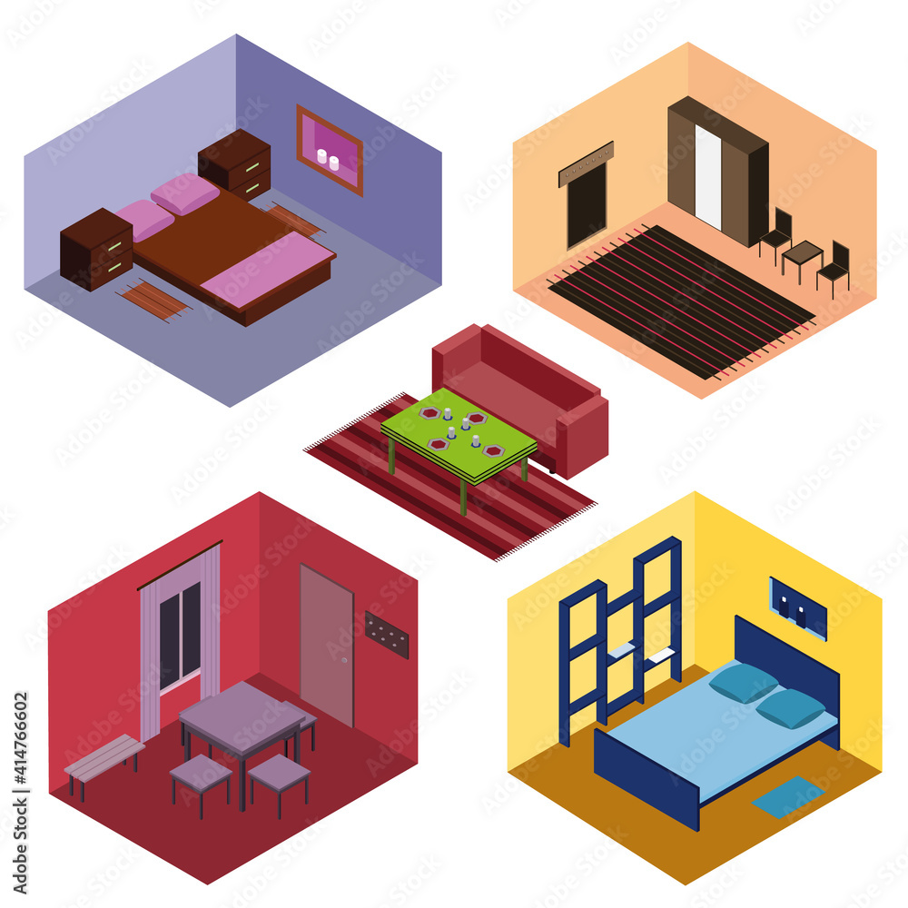 several rooms in isometric style in different colors several rooms in isometric style in different colors