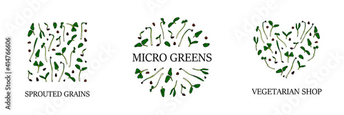 Set of hand drawn micro greens designs. Healthy vegetarian and vegan food design for company logo, print, packages. Vector illustration