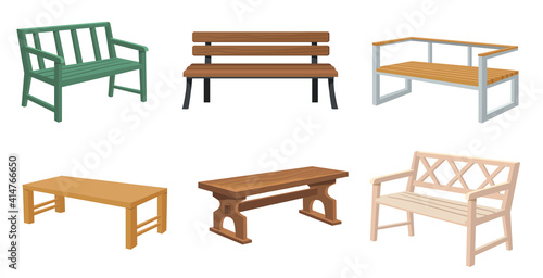 Various wooden garden and city benches flat set for web design. Cartoon outdoor wicker benches isolated vector illustration collection. Furniture and elements for landscape locations concept