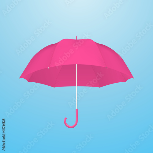 Vector 3d Realistic Render Pink Blank Umbrella on Blue Sky Background. Design Template of Opened Parasol for Mock-up, Branding, Advertise etc. Freedom, Weather Concept. Front View