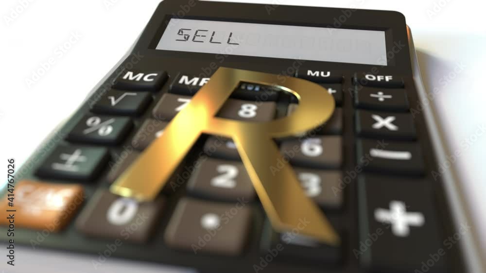 Rand money symbol on the keys and SELL text on calculator display, conceptual 3d animation Rand money symbol on the keys and SELL text on calculator display, conceptual 3d animation