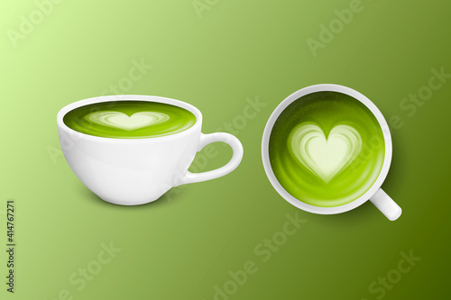 Vector 3d Realistic Ceramic Porcelain White Coffee Mug, Cup Isolated on Green Background. Green Milk Matcha, Foam Heart Pattern. Design Template. Front and Top View