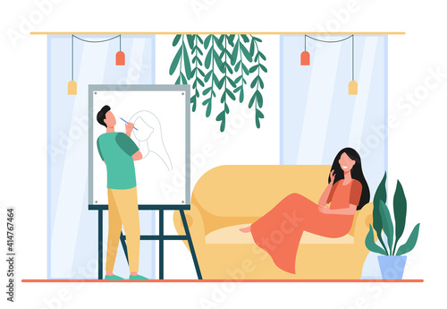 Male artist painting woman on sofa. Canvas, model, sketch flat vector illustration. Art workshop and creativity concept for banner, website design or landing web page