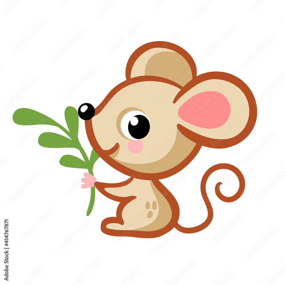 Cute mouse in a cartoon style sits on a white background and holds a twig in his hand. Vector illustration. Cute mouse in a cartoon style sits on a white background and holds a twig in his hand. Vector illustration.