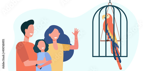 Happy family with kid watching parrot in cage. Bird, daughter, feather flat vector illustration. Exotic animals and pets concept for banner, website design or landing web page