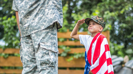 Happy reunion of soldier with family outdoors