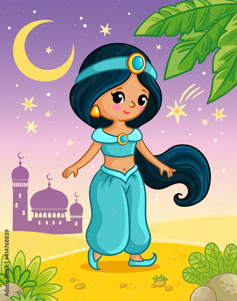 Princess Jasmine stands on the sand against the backdrop of the castle and the moonlit sky. Vector illustration.