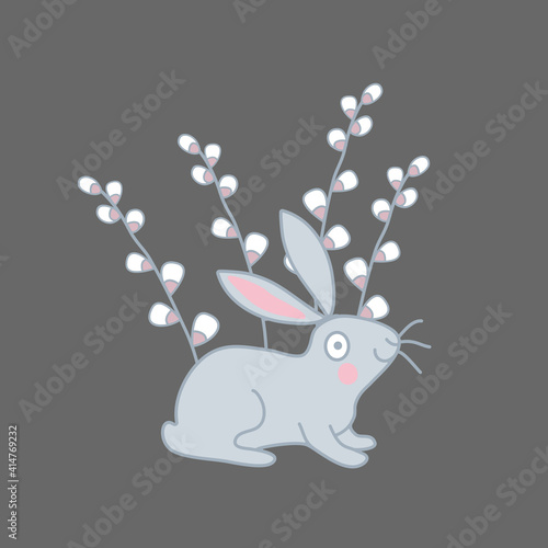 Cute vector illustration of gray rabbit sitting in front on pussy willow branches. Can be used for Easter decor, print.