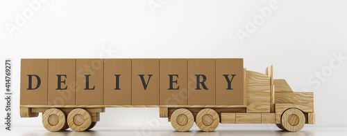 Obraz na plátně Big cardboard boxes package on a wooden toy truck ready to be delivered on white
