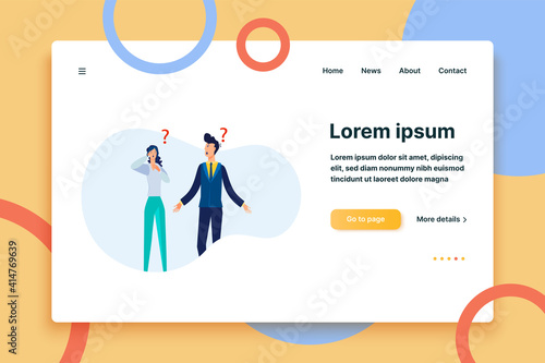 Useless employees failing in job. Confused office worker shrugging shoulders, question marks flat vector illustration. Personnel inefficiency concept for banner, website design or landing web page