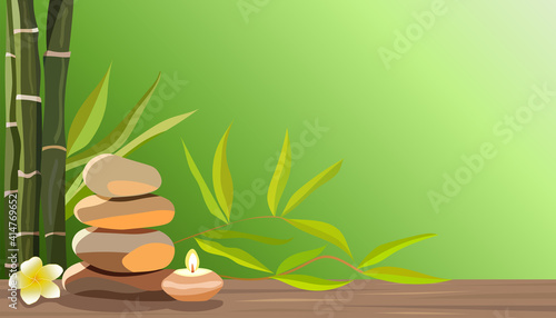 Wellness Spa concept with space for text. Vector illustration with stacked zen stones, candle, frangipani flower and bamboo leaves. Calm green colors poster for spa salon. Serene peaceful background.