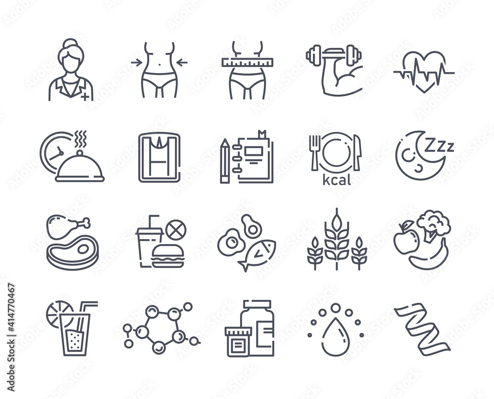 Large set of line black and white drawn diet icons