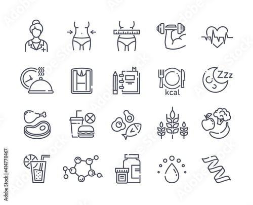 Large set of line black and white drawn diet icons