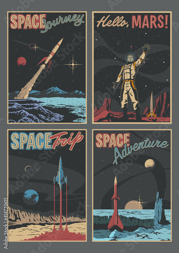 Space Journeys Illustration Set, Retro Futurism Sci Fi Books, Comics Covers Style, Space Rockets, Astronaut, Alien Planets Surfaces