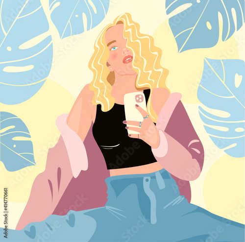 Young sexy woman with smartphon making selfie. Trendy hand-drawn vector flat illustration isolated on juicy background.	