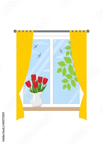 Spring window with curtains on a white background. Outside the window there are tree branches with green leaves. There is a bouquet of tulips on the windowsill. Vector illustration.