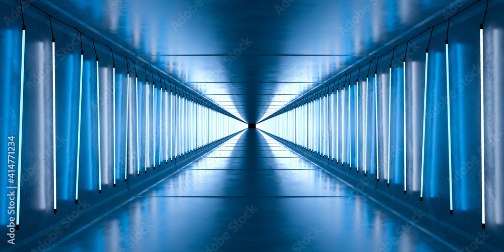 Concrete tunnel with neon lamp tubes on the walls. Concrete tunnel with neon lamp tubes on the walls.