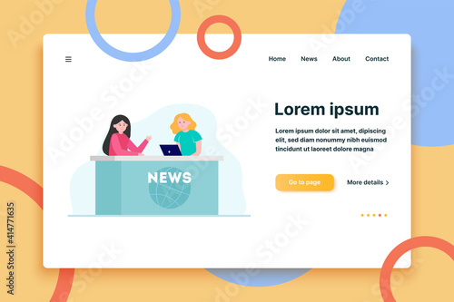 Two women telling news in studio. Laptop, reporter, anchorperson flat vector illustration. TV broadcast and digital technology concept for banner, website design or landing web page