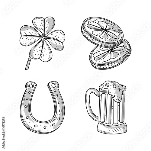set happy st patricks day clover coins beer and horseshoe icons sketch