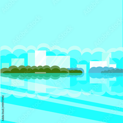 City reflected in river art design elements flat design blue green grey stock vector illustration for web  for print background